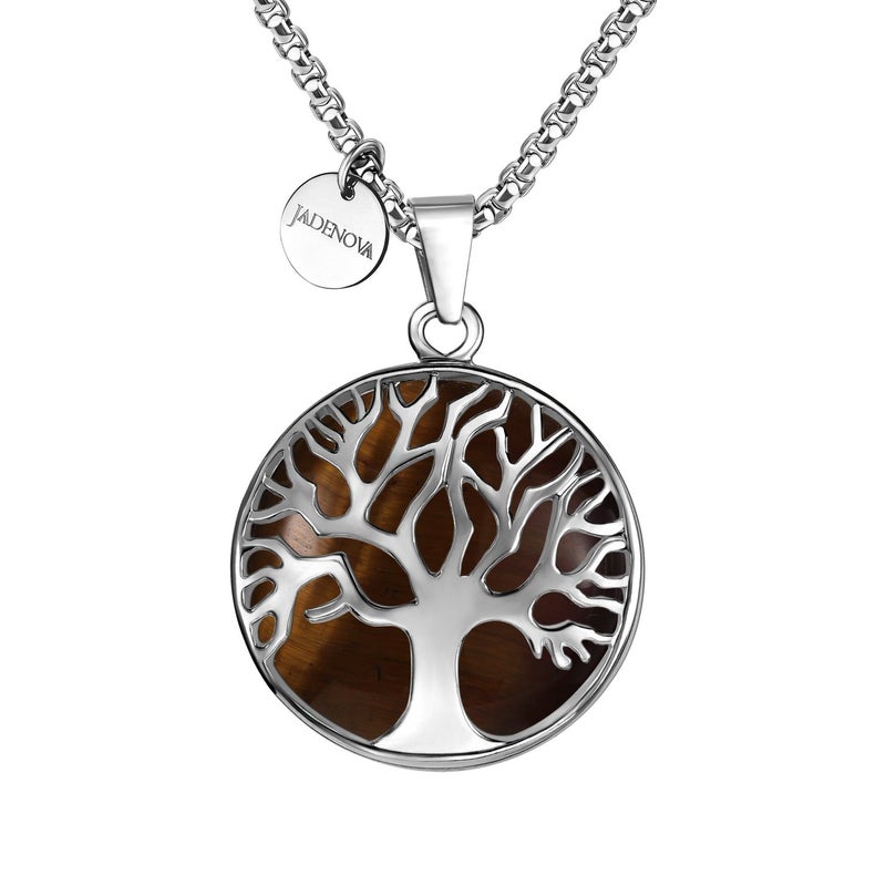 JADENOVA Family Tree Necklace Tree of Life Natural Yellow Tiger Eye Gemstone Crystal Pendant Necklace 24 Inches Stainless Steel Chain - Image 1